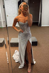 Sparkly Golden Sweetheart Mermaid Beaded Long Corset Prom Dress with Slit