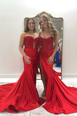 Sparkly Golden Sweetheart Mermaid Beaded Long Corset Prom Dress with Slit