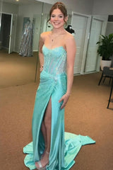 Sparkly Golden Sweetheart Mermaid Beaded Long Corset Prom Dress with Slit