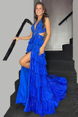 Sparkly Grey A Line Tiered Corset Long Beaded Prom Dress with Slit
