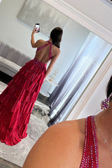 Sparkly Grey A Line Tiered Corset Long Beaded Prom Dress with Slit