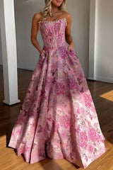 Sparkly Grey Blue Flower Strapless A-Line Long Corset Prom Dress with Beading