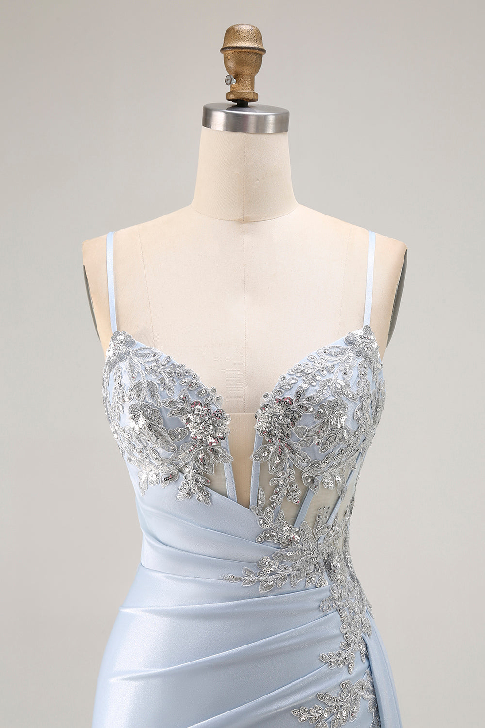 Sparkly Light Blue Mermaid Spaghetti Straps Ruched Long Corset Prom Dress with Slit