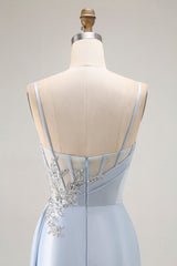 Sparkly Light Blue Mermaid Spaghetti Straps Ruched Long Corset Prom Dress with Slit