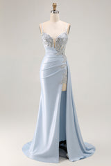 Sparkly Light Blue Mermaid Spaghetti Straps Ruched Long Corset Prom Dress with Slit