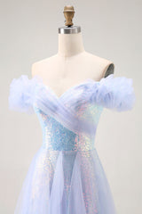 Sparkly Light Blue Off the Shoulder Sequin Long Prom Dress with Ruffles