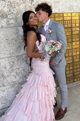 Sparkly Lilac Lace Appliques Sheath Tiered Long Chiffon Prom Dress with Slit