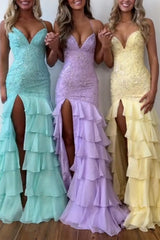 Sparkly Lilac Lace Appliques Sheath Tiered Long Chiffon Prom Dress with Slit