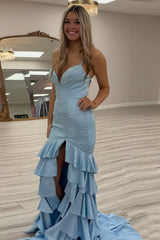 Sparkly Mermaid Black Spaghetti Straps Tiered Beaded Prom Dress with Slit