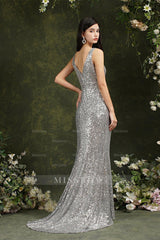 Sparkly Mermaid Wide Straps V-neck Sequins Bridesmaid/Prom Dress With Side Slit