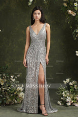 Sparkly Mermaid Wide Straps V-neck Sequins Bridesmaid/Prom Dress With Side Slit