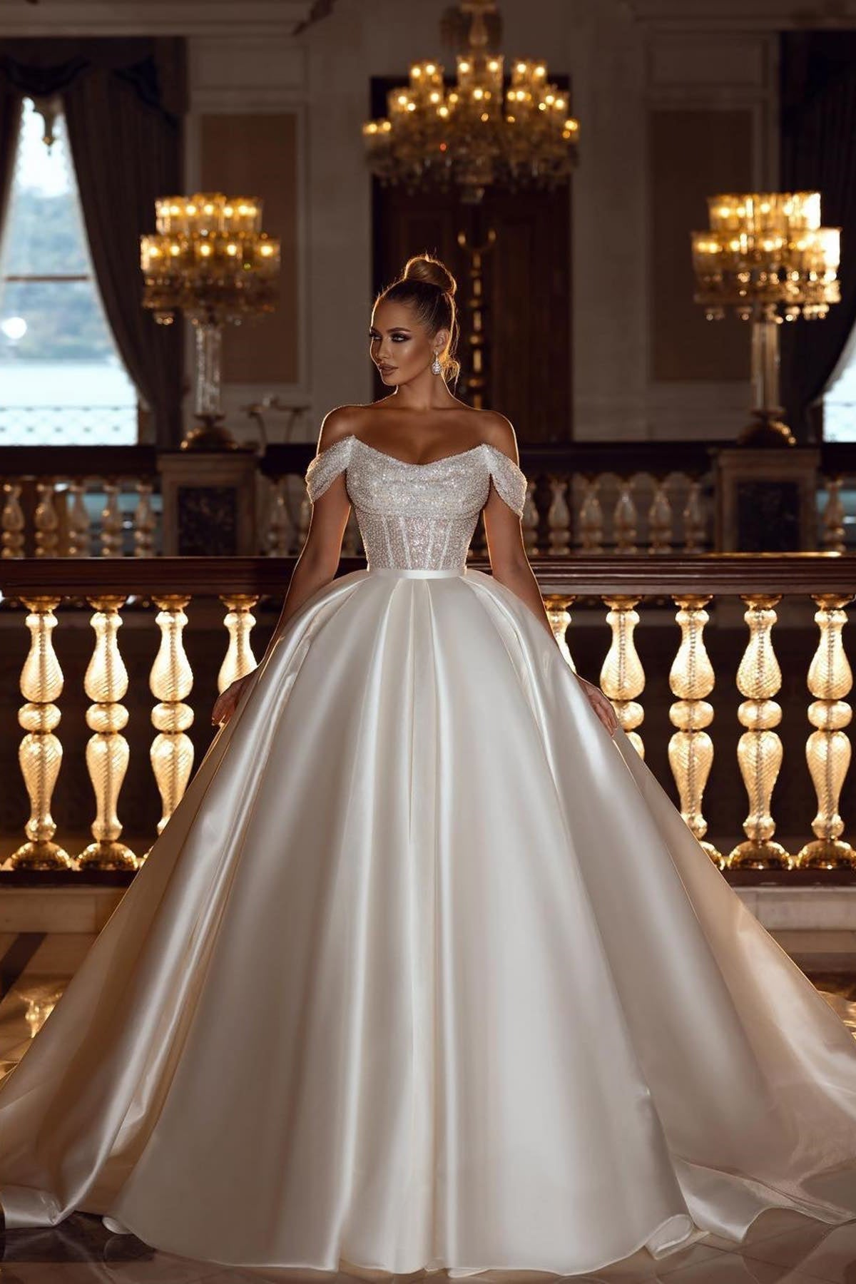 Sparkly Off-the-Shoulder Sequins A-line Bridal Dress with Detachable Sweep Train Sparkly Off-the-Shoulder Sequins A-line Bridal Dress with Detachable Sweep Train