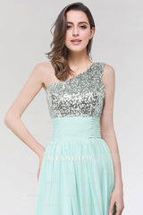 Sparkly One-shoulder Ruffle Long Bridesmaid dresses with Sequined Top