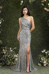 Sparkly One Shoulder Sequins Mermaid Floor-length Bridesmaid/Prom Dress With Side Slit
