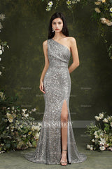 Sparkly One Shoulder Sequins Mermaid Floor-length Bridesmaid/Prom Dress With Side Slit