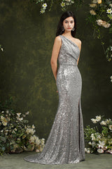 Sparkly One Shoulder Sequins Mermaid Floor-length Bridesmaid/Prom Dress With Side Slit