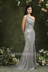 Sparkly One Shoulder Sequins Mermaid Floor-length Bridesmaid/Prom Dress With Side Slit