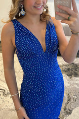 Sparkly Peacock Blue Mermaid V-Neck Beaded Long Prom Dress with Slit