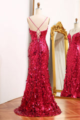 Sparkly Purple Mermaid Spaghetti Straps Sequins Long Prom Dress with Slit