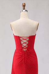 Sparkly Red Mermaid Sweetheart Beaded Long Prom Dress with Slit