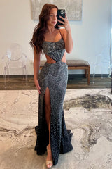 Sparkly Red Spaghetti Straps Cut-out Mermaid Long Prom Dress with Beading