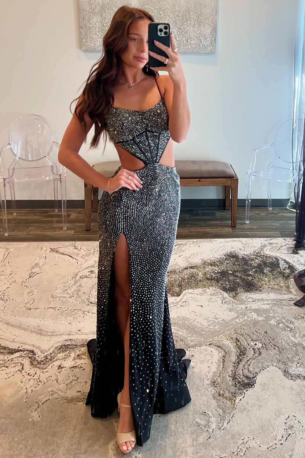 Sparkly Red Spaghetti Straps Cut-out Mermaid Long Prom Dress with Beading