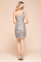 Sparkly Short Slim Cocktail Party Dress Sexy One Shoulder Mini Prom Dress