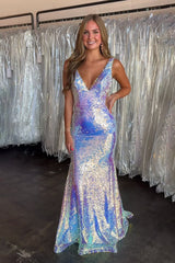 Sparkly Sliver Mermaid V-Neck Backless Long Sequin Prom Dress