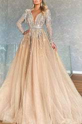Sparkly V-neck A-line Long Sleeves Ball Gown Prom Dresses With Beads