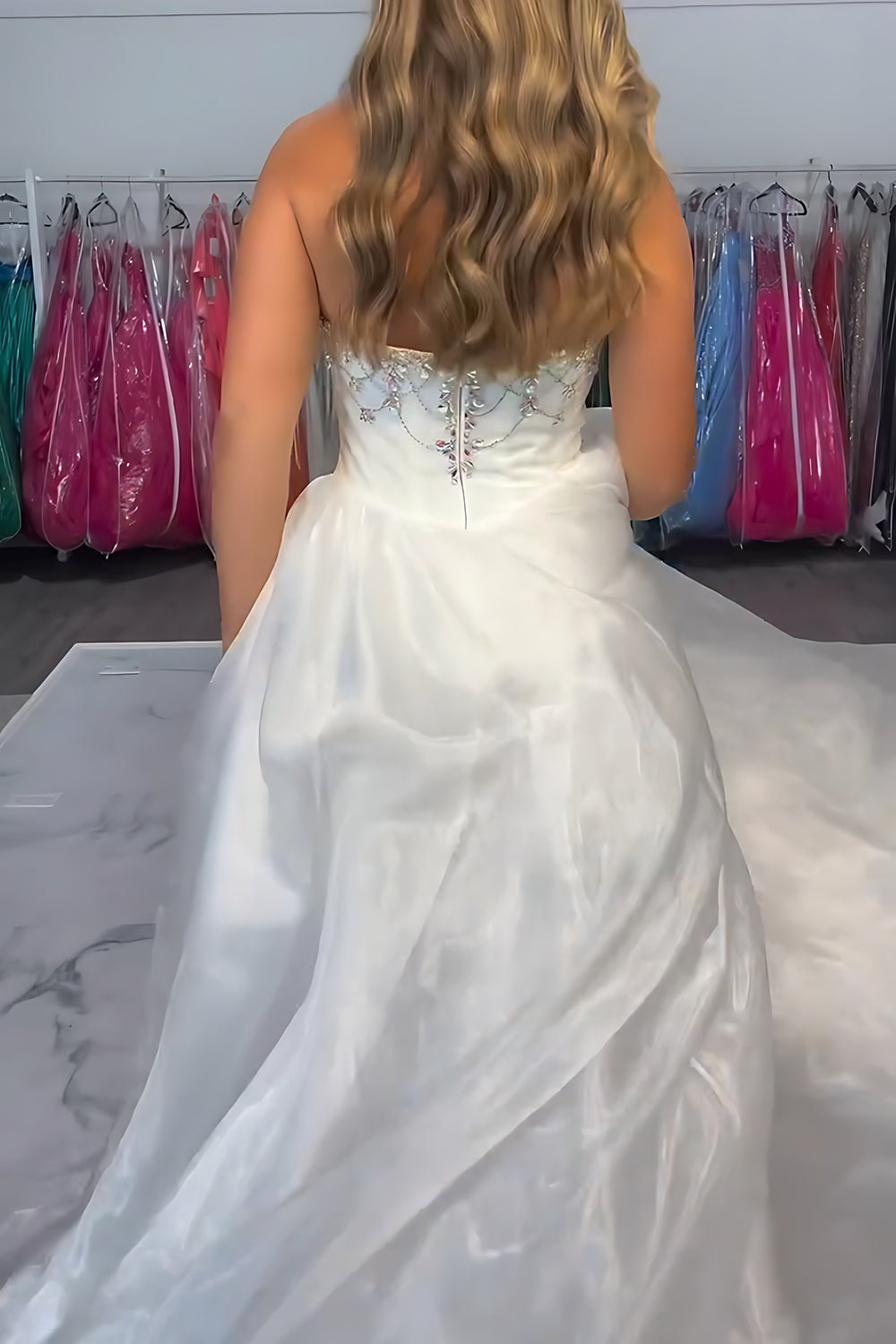 Sparkly White Strapless Mermaid Satin Long Prom Dress with Beading