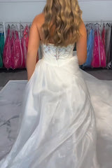 Sparkly White Strapless Mermaid Satin Long Prom Dress with Beading