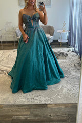 Sparkly White Sweetheart Beaded Princess Long Corset Prom Dress with Bow