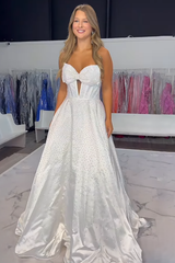 Sparkly White Sweetheart Beaded Princess Long Corset Prom Dress with Bow