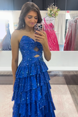 Sparkly Yellow Sweetheart A-Line Satin Ruffled Cut-Out Long Prom Dress with Beading