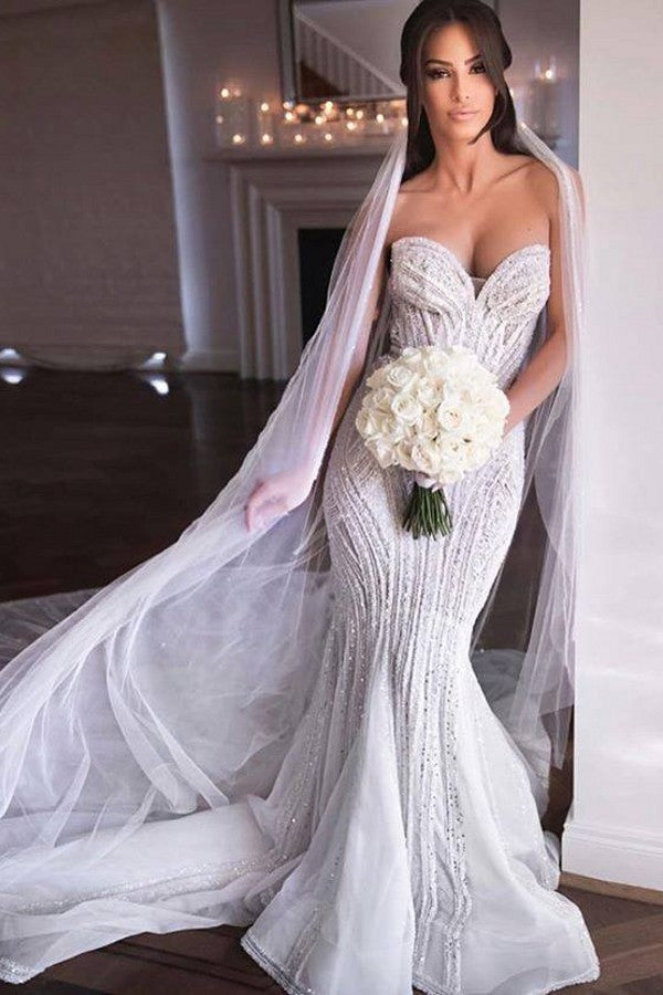 Appliques Tulle Sweetheart Mermaid Wedding Dress With Beading