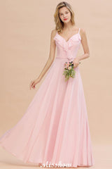 Straps Sweetheart Pink Bridesmaid Dress Backless Chiffon Evening Party Dress