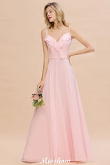 Straps Sweetheart Pink Bridesmaid Dress Backless Chiffon Evening Party Dress