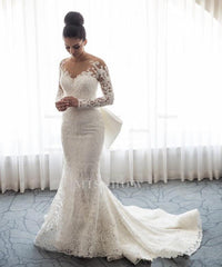 Stunning Mermaid Lace Bowknot Wedding Bride Dress Detachable Overskirt Sleeve Bridal Dress
