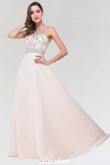 Stylish A-Line Chiffon Tulle Scoop Sleeveless Floor-Length Bridesmaid Dress with Beadings