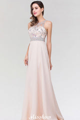 Stylish A-Line Chiffon Tulle Scoop Sleeveless Floor-Length Bridesmaid Dress with Beadings