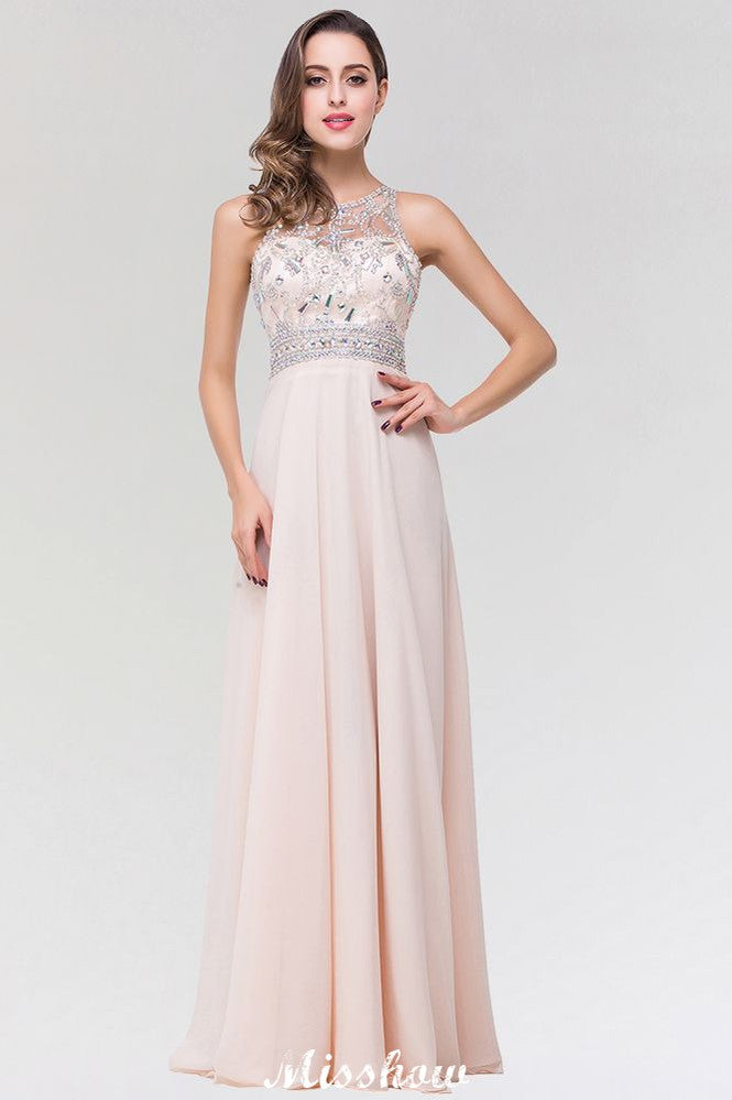 Stylish A-Line Chiffon Tulle Scoop Sleeveless Floor-Length Bridesmaid Dress with Beadings