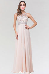 Stylish A-Line Chiffon Tulle Scoop Sleeveless Floor-Length Bridesmaid Dress with Beadings