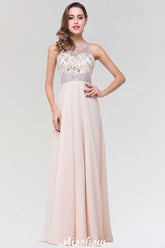 Stylish A-Line Chiffon Tulle Scoop Sleeveless Floor-Length Bridesmaid Dress with Beadings