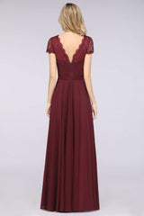 Stylish A-Line V-Neck Cap-Sleeves Floor-Length Bridesmaid Dress