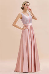 Stylish Backless Satin Floor Length Evening Dress V-Neck Party Dress