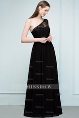 Stylish Black Chiffon One-Shoulder Lace Affordable Bridesmaid dresses