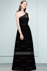 Stylish Black Chiffon One-Shoulder Lace Affordable Bridesmaid dresses