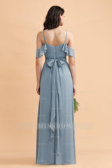 Stylish Cold-Shoulder Ruffles Chiffon Bowknot Bridesmaid Dresses with Pockets On Sale