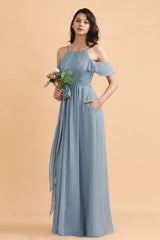 Stylish Cold-Shoulder Ruffles Chiffon Bowknot Bridesmaid Dresses with Pockets On Sale