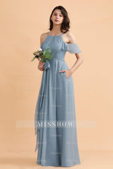 Stylish Cold-Shoulder Ruffles Chiffon Bowknot Bridesmaid Dresses with Pockets On Sale